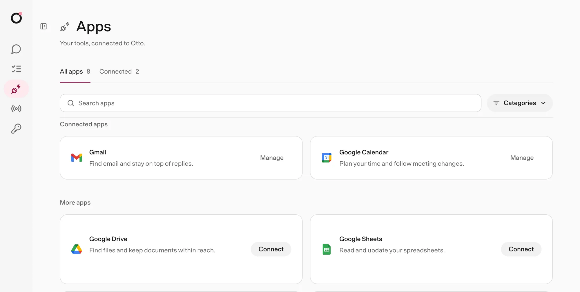 The Apps page with Gmail and Google Calendar connected, and Drive, Sheets, Docs and Slack ready to connect.