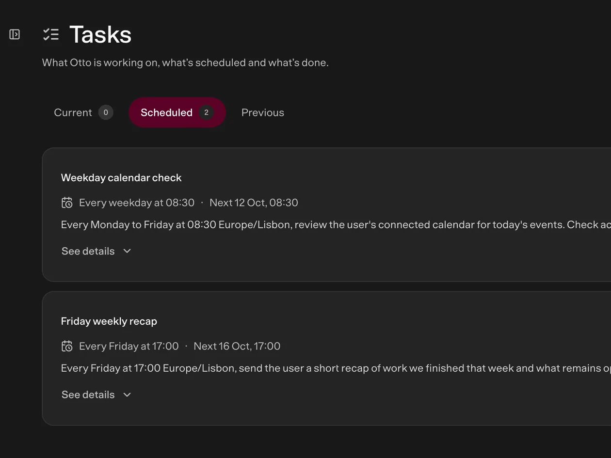 The Tasks page with a weekday calendar check and a Friday recap scheduled.